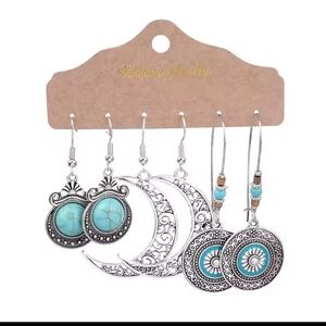 Turquoise‎ Earrings 3pc Women's Dangle Moon Vintage New f27